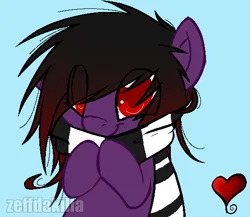 Size: 540x469 | Tagged: safe, artist:zeffdakilla, derpibooru import, screencap, oc, oc:frankie fang, unofficial characters only, pegasus, pony, base used, black mane, chibi, clothes, cute, emo, heart, hooves up, image, looking at you, male, png, purple fur, red eyes, scarf, scene, scene kid, smiling, striped scarf