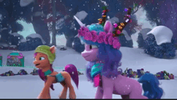 Size: 1280x728 | Tagged: safe, derpibooru import, screencap, sunny starscout, unicorn, spoiler:g5, spoiler:winter wishday, animated, bioluminescent, bridlewood, cheerful, frosty shivers, g5, glow, glowing horn, greeting, happy, hat, horn, image, snow, tent, toque, tree, webm, winter, winter wishday