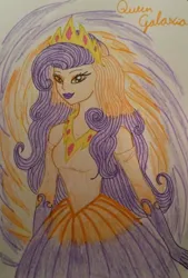 Size: 600x890 | Tagged: safe, artist:glaceonfrozen, derpibooru import, oc, oc:queen galaxia, human, celestia and luna's mother, clothes, cutie mark, dress, female, galaxy, humanized, image, jpeg, looking at you, solo, traditional art