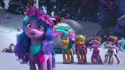 Size: 1280x716 | Tagged: safe, derpibooru import, screencap, hitch trailblazer, izzy moonbow, pipp petals, sparky sparkeroni, sunny starscout, zipp storm, earth pony, pegasus, pony, unicorn, spoiler:g5, spoiler:winter wishday, animated, bag, bells, clothes, crown, diamonds, fake antlers, female, floral head wreath, flower, flower in hair, g5, growling, hat, heart, image, jewelry, male, mare, paper crown, regalia, saddle bag, scarf, shocked, snow, snowfall, speechless, stallion, tent, toque, tree branch, webm, weird, winter, winter hat, winter wishday, wreath