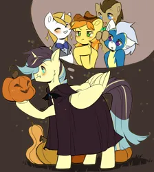 Size: 2844x3174 | Tagged: safe, artist:pledus, author:bigonionbean, derpibooru import, braeburn, doctor whooves, prince blueblood, time turner, wind waker (character), oc, oc:king righteous authority, alicorn, earth pony, pegasus, pony, unicorn, vampire, vampony, alicorn oc, cape, clothes, commissioner:bigonionbean, costume, fusion, fusion:king righteous authority, halloween, halloween costume, holiday, horn, image, male, png, pumpkin, pumpkin patch, stallion, thought bubble, wings