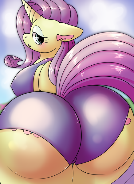 Size: 2480x3410 | Tagged: suggestive, artist:northernlightsone, author:bigonionbean, derpibooru import, fluttershy, rarity, oc, oc:charitable nature, unofficial characters only, anthro, pegasus, pony, unguligrade anthro, unicorn, blushing, breasts, butt, clothes, commissioner:bigonionbean, cutie mark, erect nipples, female, flank, fusion, fusion:charitable nature, horn, huge butt, image, large butt, looking at you, looking back, mare, nipple outline, not an alicorn, one-piece swimsuit, plot, png, raised tail, swimsuit, tail, wings
