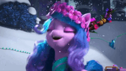 Size: 1280x720 | Tagged: safe, derpibooru import, screencap, izzy moonbow, sunny starscout, earth pony, pony, unicorn, spoiler:g5, spoiler:winter wishday, animated, beret, clothes, fake antlers, female, floral head wreath, flower, flower in hair, g5, hat, image, impatient, mare, onyx, pushing, scarf, snow, toque, tree branch, webm, winter, winter wishday, wreath