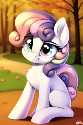 Size: 512x768 | Tagged: safe, derpibooru import, machine learning generated, novelai, stable diffusion, sweetie belle, pony, autumn, blank flank, chest fluff, image, leaves, missing horn, png, tree