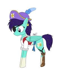 Size: 1965x2388 | Tagged: safe, derpibooru import, oc, oc:morningstar compass, unofficial characters only, pegasus, pony, amputee, beads, braid, clothes, coat markings, ear piercing, earring, eyepatch, female, g4, hat, history, image, jewelry, piercing, pirate, pirate hat, png, prosthetic leg, prosthetic limb, prosthetics, purple eyes, purple hair, simple background, solo, transparent background