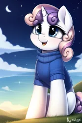 Size: 512x768 | Tagged: safe, derpibooru import, machine learning generated, novelai, stable diffusion, sweetie belle, pony, unicorn, blank flank, clothes, image, moon, night, png, solo, sweater