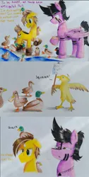 Size: 1321x2623 | Tagged: safe, artist:thecrimsonspark, derpibooru import, oc, oc:aiexos, oc:desert sun, unofficial characters only, bird, duck, eagle, earth pony, pegasus, comic, funny, image, jpeg, panels, tattoo, traditional art, water