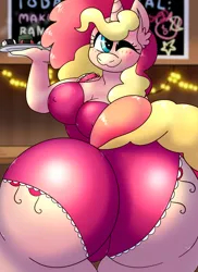 Size: 2480x3410 | Tagged: suggestive, artist:northernlightsone, author:bigonionbean, derpibooru import, pinkie pie, sunset shimmer, oc, oc:sunbutter cookies, unofficial characters only, anthro, earth pony, pony, unguligrade anthro, unicorn, breasts, butt, clothes, commissioner:bigonionbean, cutie mark, erect nipples, female, flank, fusion:sunbutter cookies, huge butt, image, large butt, looking at you, looking back, mare, nipple outline, one eye closed, one-piece swimsuit, plate, plot, png, swimsuit, wink, winking at you