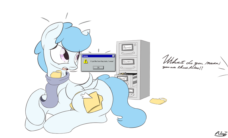 Size: 5092x3080 | Tagged: safe, artist:ricy, derpibooru import, oc, oc:file folder, pegasus, pony, cabinet, clothes, folder, image, male, pegasus oc, png, scared, scarf, sitting, stallion, wings