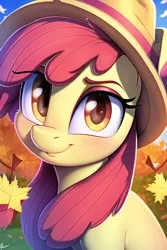 Size: 512x768 | Tagged: safe, derpibooru import, machine learning generated, novelai, stable diffusion, apple bloom, earth pony, pony, autumn, hat, image, leaves, png, solo