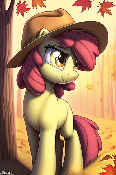 Size: 512x768 | Tagged: safe, derpibooru import, machine learning generated, novelai, stable diffusion, apple bloom, earth pony, pony, autumn, blank flank, hat, image, leaves, png, solo