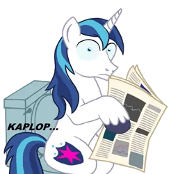 Size: 1105x1123 | Tagged: safe, anonymous artist, derpibooru import, shining armor, pony, unicorn, image, implied pooping, implied scat, newspaper, onomatopoeia, png, scared, sitting, sitting on toilet, toilet, toilet paper, wide eyes