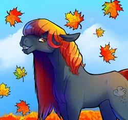 Size: 1280x1200 | Tagged: safe, artist:whitearbalest, derpibooru import, oc, oc:rain drop, earth pony, pony, autumn, image, jpeg, leaves, long ears, smiling