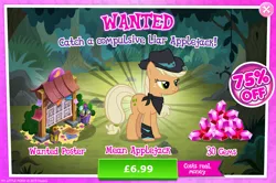 Size: 1957x1297 | Tagged: safe, derpibooru import, official, applejack, mean applejack, earth pony, pony, the mean 6, advertisement, applejack's hat, bandana, bucket, bush, clone, costs real money, cowboy hat, english, female, gameloft, gem, hat, image, jpeg, leg wraps, mare, mirror universe, numbers, sale, solo, solo focus, text, tree, wanted poster