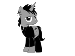 Size: 1024x768 | Tagged: safe, artist:ruchiyoto, derpibooru import, edit, vector edit, oc, oc:black cross, unofficial characters only, pony, unicorn, derpibooru community collaboration, 2023 community collab, boots, clothes, image, male, png, shoes, simple background, smiling, solo, stallion, transparent background, vector