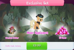 Size: 1268x858 | Tagged: safe, derpibooru import, official, applejack, mean applejack, earth pony, pony, the mean 6, applejack's hat, bandana, bucket, bundle, bush, clone, costs real money, cowboy hat, english, female, gameloft, gem, hat, image, jpeg, leg wraps, mare, mirror universe, numbers, sale, solo, solo focus, text, tree, wanted poster