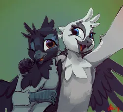 Size: 4096x3758 | Tagged: safe, artist:alumx, derpibooru import, giselle, irma, natalya, gryphon, arm around neck, beak, duo, green background, hand on arm, hand on shoulder, high res, image, jpeg, looking at someone, looking at you, one eye closed, open beak, open mouth, redraw, selfie, simple background, smiling, smiling at you, spread wings, wings