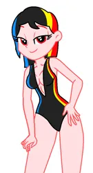 Size: 536x992 | Tagged: suggestive, artist:robertsonskywa1, derpibooru import, equestria girls, bedroom eyes, breasts, cleavage, clothes, hand on hip, image, jpeg, one-piece swimsuit, photo, sexy, solo, swimsuit, transformers, wet hair, windblade