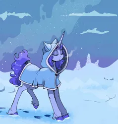 Size: 1446x1516 | Tagged: safe, artist:paskanaakka, derpibooru import, oc, oc:midnight dew, unofficial characters only, pony, unicorn, cloak, clothes, colored hooves, derpibooru exclusive, female, hood, image, mare, png, snow, solo, stars, tail, tail wrap, unshorn fetlocks, winter