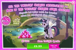 Size: 1954x1297 | Tagged: safe, derpibooru import, official, mean twilight sparkle, twilight sparkle, twilight sparkle (alicorn), alicorn, pony, advertisement, clothes, costs real money, english, female, folded wings, gameloft, gem, horn, image, jpeg, leg wraps, mare, numbers, sale, scarf, solo, solo focus, text, wings