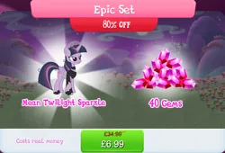 Size: 1264x857 | Tagged: safe, derpibooru import, official, mean twilight sparkle, twilight sparkle, twilight sparkle (alicorn), alicorn, pony, bundle, clothes, costs real money, english, female, folded wings, gameloft, gem, horn, image, jpeg, leg wraps, mare, numbers, sale, scarf, solo, solo focus, text, wings