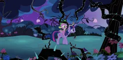 Size: 2222x1080 | Tagged: safe, composite screencap, derpibooru import, edit, edited screencap, screencap, spike, twilight sparkle, twilight sparkle (alicorn), alicorn, dragon, pony, princess twilight sparkle (episode), big crown thingy, black vine, dragons riding ponies, element of magic, everfree forest, image, jewelry, png, regalia, riding, spike riding twilight