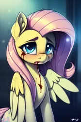 Size: 512x768 | Tagged: semi-grimdark, derpibooru import, editor:omnixious, machine learning generated, novelai, stable diffusion, fluttershy, pegasus, pony, blood, crying, female, image, looking at you, mare, png, solo, teary eyes