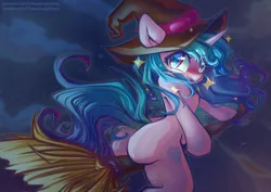 Size: 1323x935 | Tagged: suggestive, artist:chaosangeldesu, derpibooru import, izzy moonbow, pony, unicorn, my little pony: a new generation, :p, blushing, broom, butt, cute, g5, hat, image, izzy moonbutt, izzybetes, jpeg, plot, riding, sitting, solo, tongue out, witch, witch hat