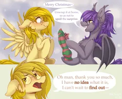 Size: 2555x2077 | Tagged: suggestive, artist:trickate, derpibooru import, oc, oc:caramel drop, oc:sydney, unofficial characters only, bat pony, gryphon, pegasus, pony, christmas, dildo, female, gift wrapped, glasses, holiday, image, knotted dildo, mare, png, present, sex toy