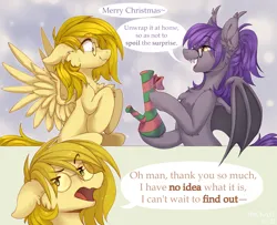 Size: 2555x2077 | Tagged: safe, alternate version, artist:trickate, derpibooru import, oc, oc:caramel drop, oc:sydney, unofficial characters only, bat pony, pegasus, pony, bong, christmas, female, gift wrapped, glasses, holiday, image, mare, png, present