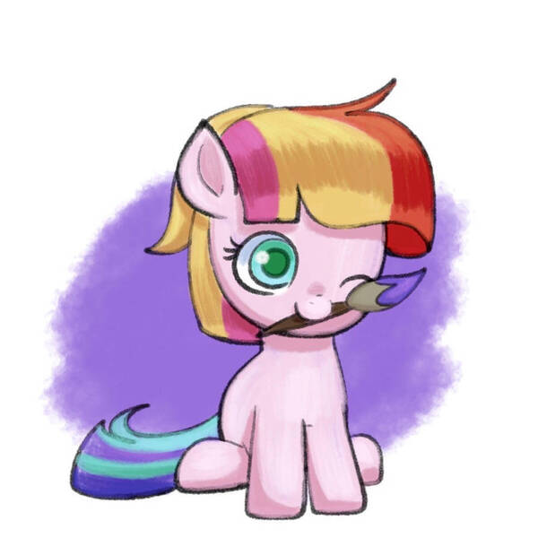 Size: 894x894 | Tagged: safe, artist:andromedasparkz, derpibooru import, toola roola, earth pony, pony, cute, female, filly, foal, image, jpeg, looking at you, one eye closed, paintbrush, roolabetes, smiling, smiling at you, solo, wink, winking at you
