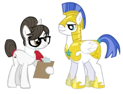 Size: 2375x1815 | Tagged: safe, artist:a01421, artist:thebosscamacho, derpibooru import, edit, vector edit, raven, pegasus, pony, unicorn, the crystal empire, armor, choker, clipboard, female, glasses, guardwell, image, male, mare, png, royal guard, royal guard armor, shipping, simple background, smiling, straight, transparent background, vector