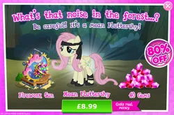 Size: 1958x1296 | Tagged: safe, derpibooru import, official, fluttershy, mean fluttershy, pegasus, pony, the mean 6, advertisement, clone, costs real money, english, female, fireworks, folded wings, gameloft, gem, headband, image, jpeg, leg wraps, mare, numbers, sale, solo, solo focus, text, wings