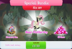 Size: 1268x859 | Tagged: safe, derpibooru import, official, fluttershy, mean fluttershy, pegasus, pony, the mean 6, bundle, clone, costs real money, english, female, fireworks, folded wings, gameloft, gem, headband, image, jpeg, leg wraps, mare, numbers, sale, solo, solo focus, text, wings