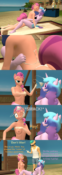Size: 1920x5400 | Tagged: questionable, artist:papadragon69, derpibooru import, hitch trailblazer, izzy moonbow, sunny starscout, anthro, 3d, bikini, breasts, clothes, crotch bulge, female, g5, image, implied penis, izzyscout, kissing, lesbian, nipples, nudity, partial nudity, png, sex on the beach, shipping, source filmmaker, sunglasses, swimsuit, topless, undressing