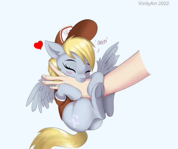 Size: 3888x3272 | Tagged: safe, artist:vinilyart, derpibooru import, derpy hooves, human, pegasus, pony, biting, blushing, clothes, cute, cuteness overload, daaaaaaaaaaaw, derpabetes, disembodied hand, duo, eyes closed, female, floating heart, frog (hoof), hand, hanging, heart, image, mare, nom, offscreen character, offscreen human, png, simple background, spread wings, underhoof, weapons-grade cute, white background, wings