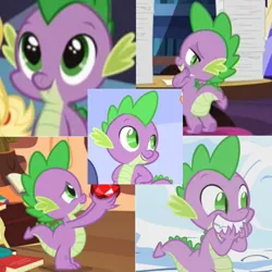 Size: 720x720 | Tagged: safe, artist:megalobronia, derpibooru import, edit, screencap, spike, dragon, just for sidekicks, once upon a zeppelin, secret of my excess, spike at your service, winter wrap up, collage, fire ruby, gem, golden oaks library, image, library, png, ruby, snow