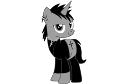 Size: 1200x800 | Tagged: safe, alternate version, artist:ruchiyoto, derpibooru import, oc, oc:black cross, unofficial characters only, pony, unicorn, derpibooru community collaboration, 2023 community collab, boots, clothes, image, male, png, shoes, simple background, smiling, solo, stallion, transparent background