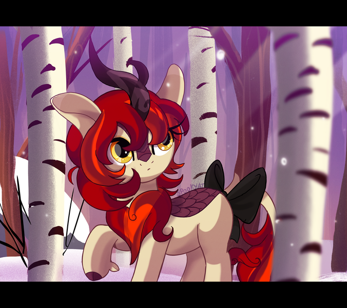 Size: 3040x2700 | Tagged: safe, artist:spookyle, derpibooru import, oc, oc:pumpkin patch, kirin, female, image, png, snow, solo, tree