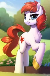 Size: 512x768 | Tagged: safe, derpibooru import, editor:omnixious, machine learning generated, novelai, stable diffusion, oc, oc:scarlet mallow, unofficial characters only, earth pony, pony, chest fluff, female, garden, image, jpeg, looking at you, mare, smiling, solo, solo female