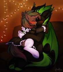 Size: 2616x3000 | Tagged: suggestive, artist:gicme, derpibooru import, oc, unofficial characters only, bat pony, pony, unicorn, bat pony oc, bat wings, blushing, bow, butt, clothes, couch, couple, crossdressing, cuddling, cute, dress, drool, duo, duo male, ear fluff, eyes closed, femboy, french kiss, gay, hoof heart, hooves, horn, hug, image, kissing, love, maid, male, males only, oc x oc, passionate, png, relationship, romance, romantic, salivating, shipping, sitting, sitting on, sitting on person, sitting on pony, size difference, snuggling, socks, spread wings, stallion, stockings, straddling, thigh highs, underhoof, unicorn oc, wings