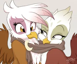 Size: 2100x1750 | Tagged: safe, artist:bluefeathercat, derpibooru import, gilda, greta, gryphon, clothes, cute, female, gildadorable, gray background, grelda, gretadorable, image, lesbian, looking at each other, png, scarf, shared clothing, shared scarf, shipping, simple background, smiling, smiling at each other, spread wings, wings