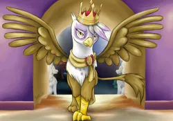 Size: 2000x1400 | Tagged: safe, artist:missymeghan3, derpibooru import, gilda, gryphon, clothes, colored, crown, female, image, jewelry, jpeg, lidded eyes, looking at you, moon, one leg raised, queen, queen gilda, regalia, scarf, solo, spread wings, statue, tree, walking, walking towards you, wings