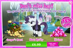 Size: 1954x1298 | Tagged: safe, derpibooru import, official, mean rarity, rarity, pony, unicorn, the mean 6, advertisement, cloak, clone, clothes, compass, costs real money, english, female, fishing rod, gameloft, gem, hammer, horn, image, jpeg, lantern, leg wraps, mare, numbers, sale, saw, shovel, solo, solo focus, telescope, text, wagon
