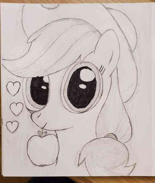 Size: 954x1132 | Tagged: safe, anonymous artist, derpibooru import, applejack, apple, food, heart, image, jpeg, looking at you, solo, traditional art