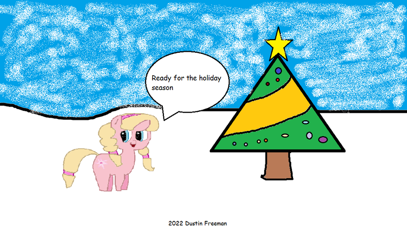 Size: 1100x618 | Tagged: safe, artist:coltfan97, derpibooru import, oc, oc:lily, unicorn, 1000 hours in ms paint, christmas, christmas tree, holiday, image, png, snow, snowfall, tree