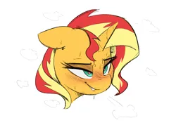 Size: 3123x2225 | Tagged: suggestive, artist:welost, derpibooru import, sunset shimmer, pony, unicorn, bedroom eyes, blushing, heart, horn, image, lip bite, png, simple background, sketch, solo, story in the source, story included, sweat, white background