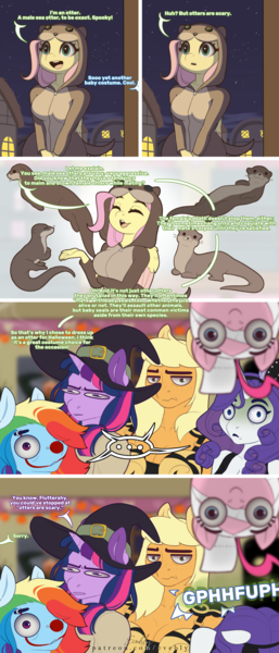 Size: 3000x7000 | Tagged: suggestive, artist:evehly, derpibooru import, paywalled source, applejack, fluttershy, pinkie pie, rainbow dash, rarity, twilight sparkle, alicorn, anthro, earth pony, otter, pegasus, unicorn, breasts, clothes, comic, costume, exploitable meme, eyes closed, female, females only, halloween, halloween costume, hat, holiday, image, it, mane six, meme, mummy, nature is so fascinating, open mouth, pennywise, png, scared, screaming, witch hat