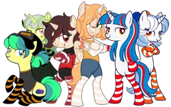 Size: 5045x3160 | Tagged: safe, artist:ayamiiii, artist:emperor-anri, derpibooru import, oc, oc:baja blaster, oc:bleach pone, oc:cola popper, oc:dew springs, oc:fruity fizz (fanta), oc:tide pone, unofficial characters only, alicorn, earth pony, pony, unicorn, alicorn oc, bandaid, bandaid on nose, base used, baseball cap, bipedal, cap, clothes, commission, crossed arms, dress, ear piercing, earring, fangs, female, femboy, flower, flower in hair, hat, headphones, hoodie, horn, horns, hug, image, jewelry, lip piercing, male, mare, markings, multicolored hair, nose piercing, nose ring, piercing, png, raised hoof, shirt, shorts, siblings, simple background, sisters, sitting, smiling, smirk, socks, striped socks, sweater, t-shirt, tattoo, transparent background, wall of tags, wings, ych result