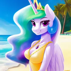 Size: 1024x1024 | Tagged: safe, derpibooru import, editor:dovakkins, machine learning generated, novelai, stable diffusion, princess celestia, alicorn, anthro, beach, beautiful, breasts, busty princess celestia, cleavage, clothes, female, happy, image, jewelry, ocean, one-piece swimsuit, png, regalia, sand, smiling, solo, swimsuit, water